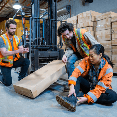 A group of workers in an industrial warehouse standing around an injured colleage struck by cardboard boxes falling from a forklift. 